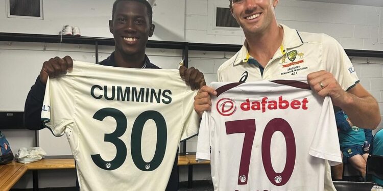 AUS vs WI: Pat Cummins exchanges his jersey from Shamar Joseph, shares picture with special caption